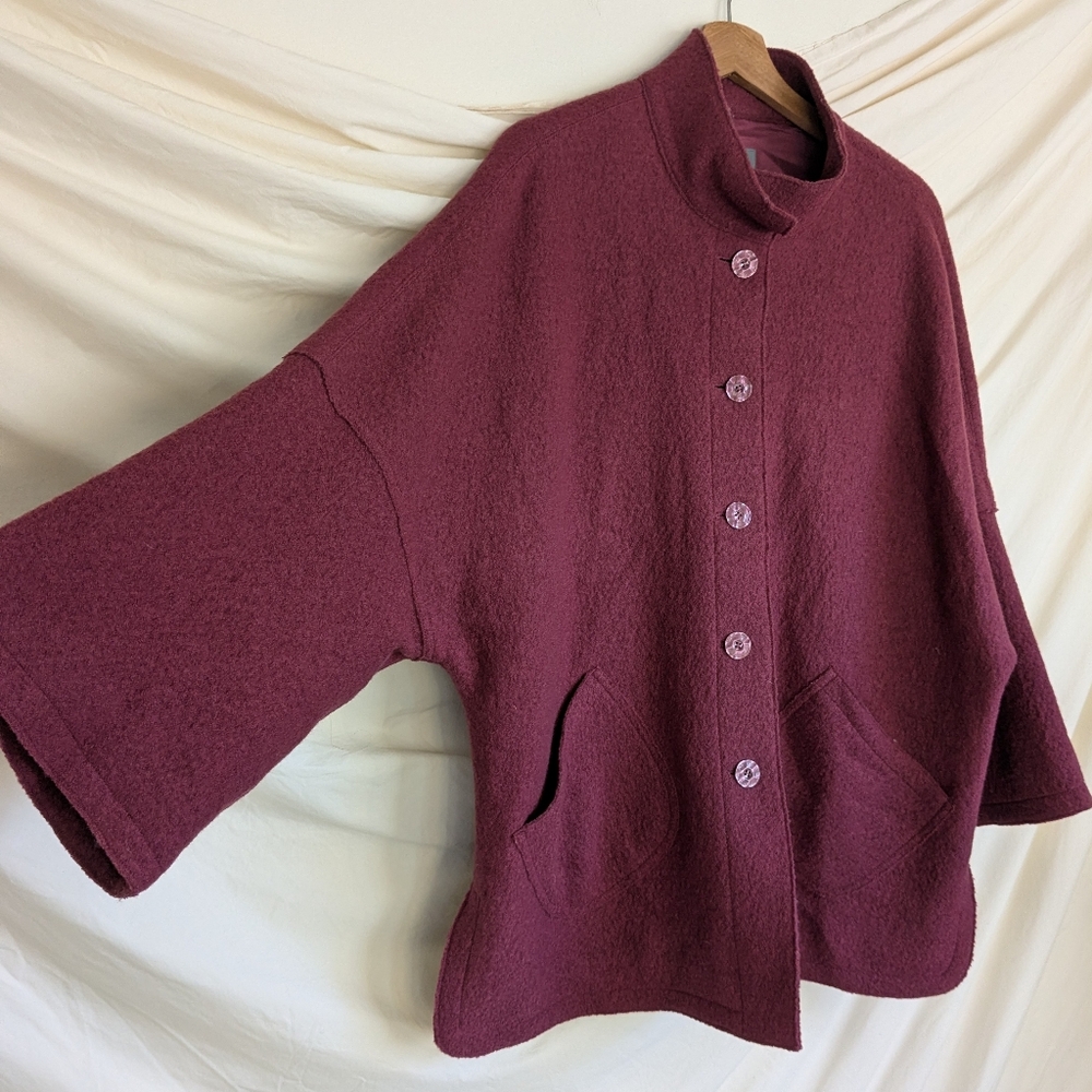 J.Jill Beet Red Purple Boiled Wool Felted Dolman Sleeve Boxy Jacket Coat M